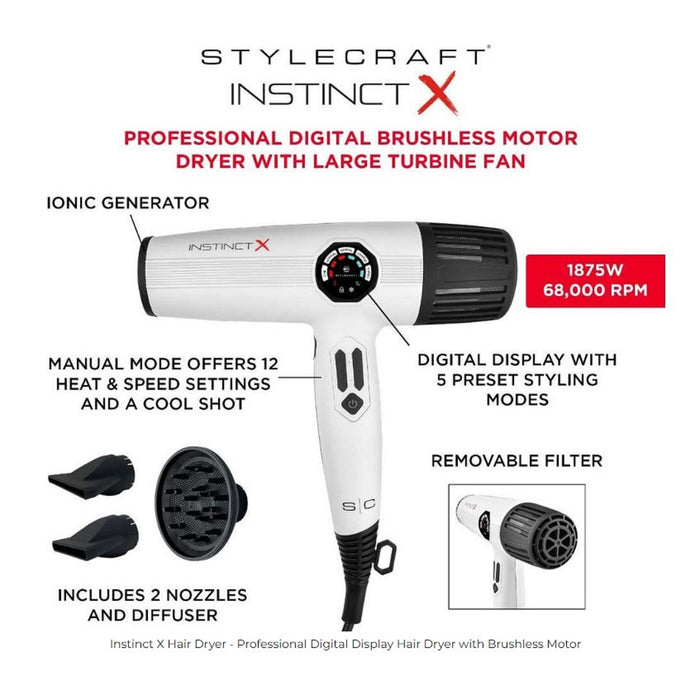 Stylecraft Instinct-X Professional Digital Display Hair Dryer with Brushless Motor #SC105B