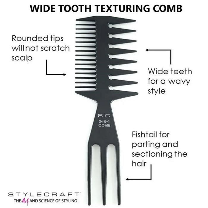 Stylecraft 3-in-1 Wide Tooth Texturing Barber or Stylist Fish Hair Comb #SC3COMB