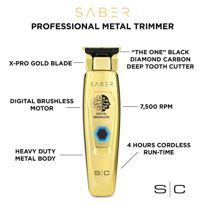 Stylecraft Saber Professional Full Metal Body Digital Brushless Motor Cordless Hair Trimmer - Gold #SC405G