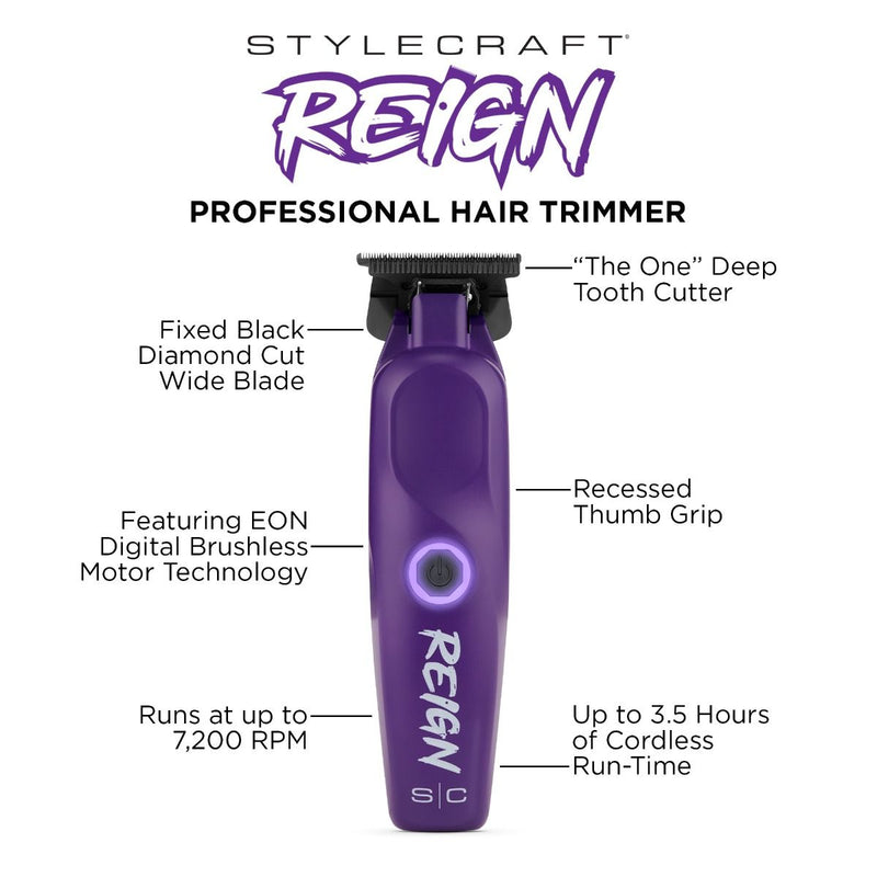 Stylecraft Pro REIGN Hair Trimmer with Eon Digital Brushless Motor - Purple #SC422P