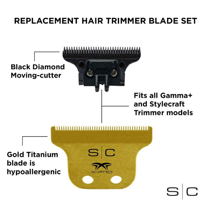 Stylecraft Replacement Fixed Gold Titanium X-Pro Hair Trimmer Blade with Black Diamond Carbon DLC Deep Tooth Cutter Set #SC516G