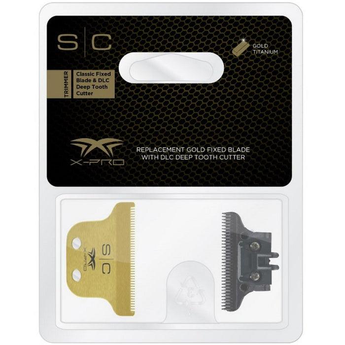 Stylecraft Replacement Fixed Gold Titanium X-Pro Hair Trimmer Blade with Black Diamond Carbon DLC Deep Tooth Cutter Set #SC516G