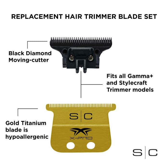 Stylecraft Replacement Fixed Gold Titanium X-Pro Wide Hair Trimmer Blade with Black Diamond Carbon DLC Deep Tooth Cutter Set #SC517G