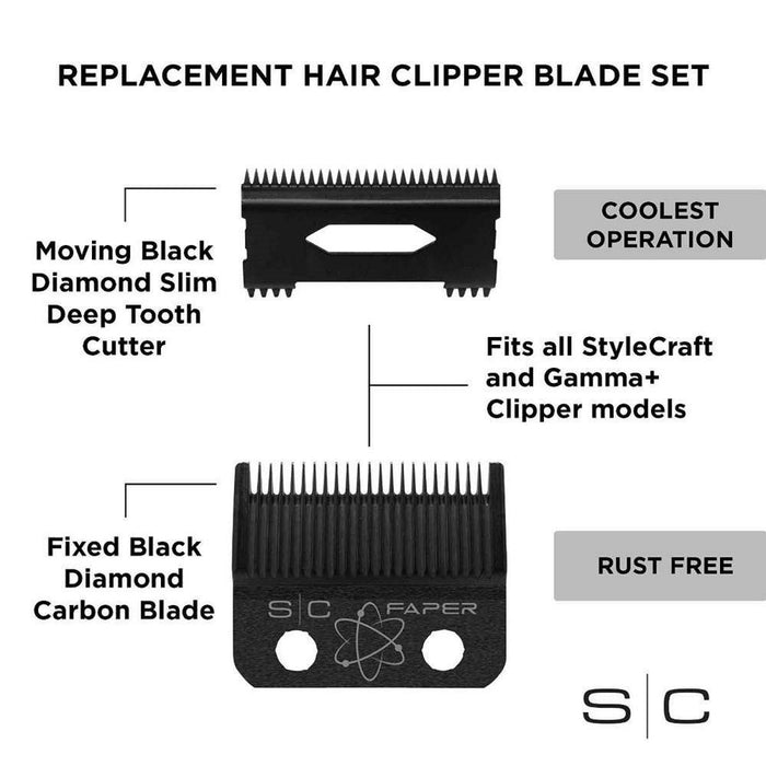 Stylecraft Replacement Fixed Black Diamond Carbon DLC Faper Hair Clipper Blade with Moving Black Diamond Carbon Slim Deep Tooth Cutter set ##SC520B