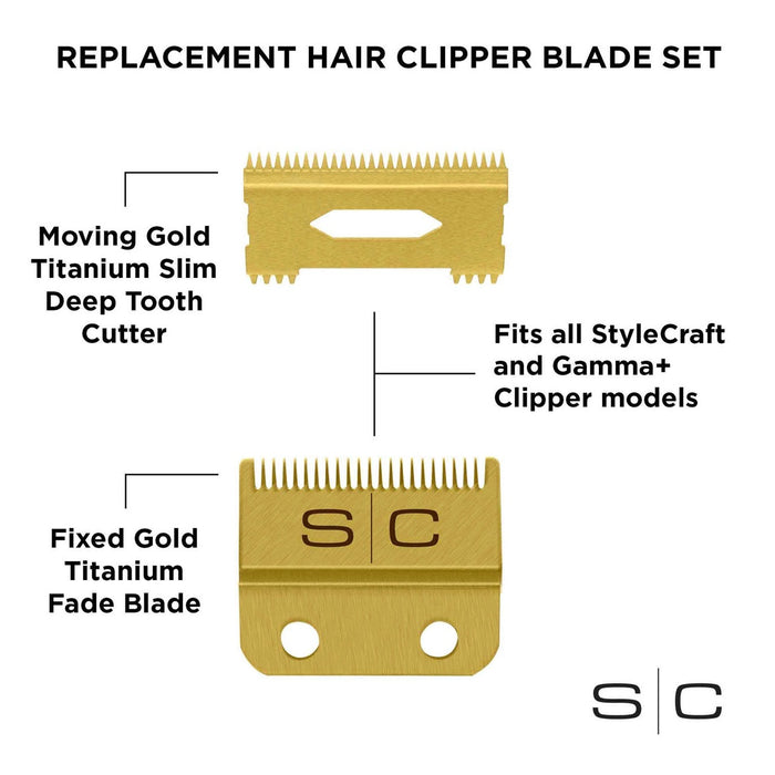 Stylecraft Replacement Fixed Gold Titanium Fade Hair Clipper Blade with Slim Deep Tooth Cutter Set #SC521G