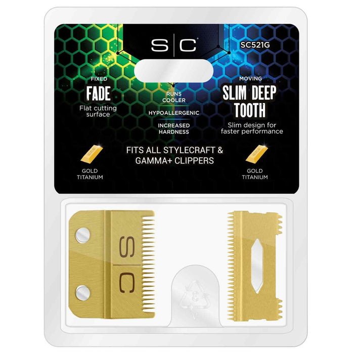 Stylecraft Replacement Fixed Gold Titanium Fade Hair Clipper Blade with Slim Deep Tooth Cutter Set #SC521G