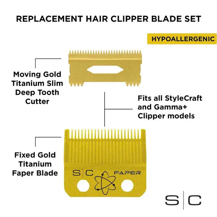 Stylecraft Replacement Fixed Gold Titanium Faper Hair Clipper Blade with Slim Deep Tooth Cutter Set #SC525G