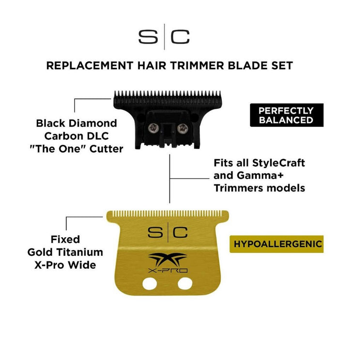 Stylecraft Replacement Fixed Gold Titanium X-Pro Wide Hair Trimmer Blade with Black Diamond Carbon DLC THE ONE Cutter Set #SC527GB