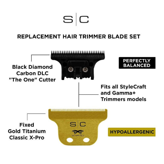 Stylecraft Replacement Fixed Gold Titanium Classic X-Pro Hair Trimmer Blade with Black Diamond Carbon DLC THE ONE Cutter Set #SC529GB