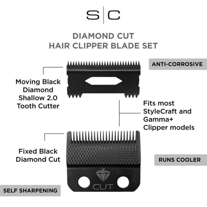 Stylecraft Replacement Diamond Cut Fixed Fade Clipper Blade with Shallow Tooth 2.0 Moving Cutter Set #SC540B