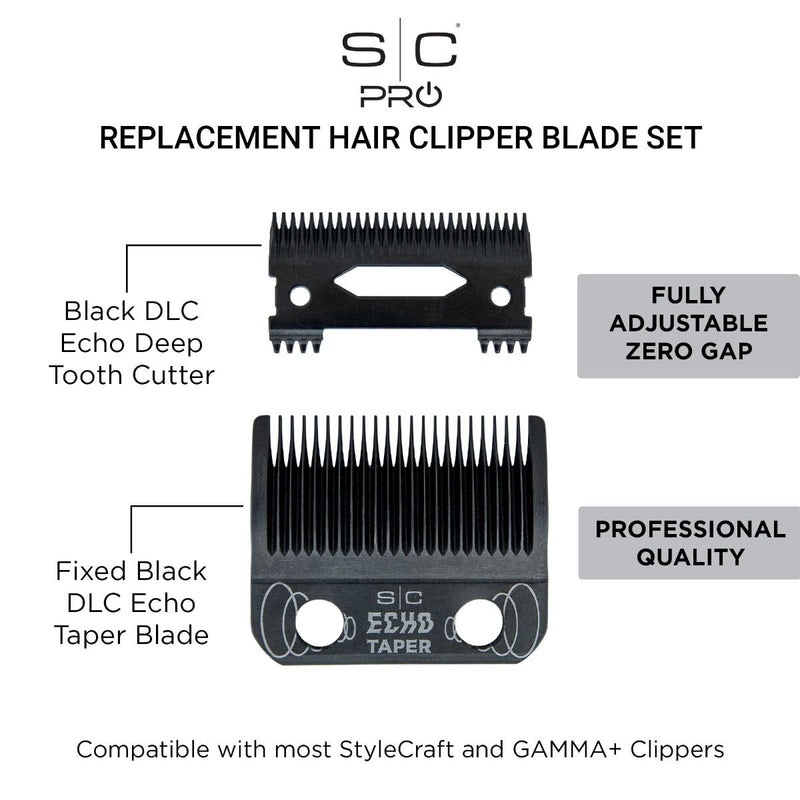 Stylecraft Replacement Echo Taper Black DLC Clipper Blade with Deep Tooth Cutter Set #SC553B
