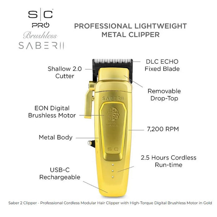 Stylecraft Pro SABER II Professional Metal Clipper - Gold #SC617M