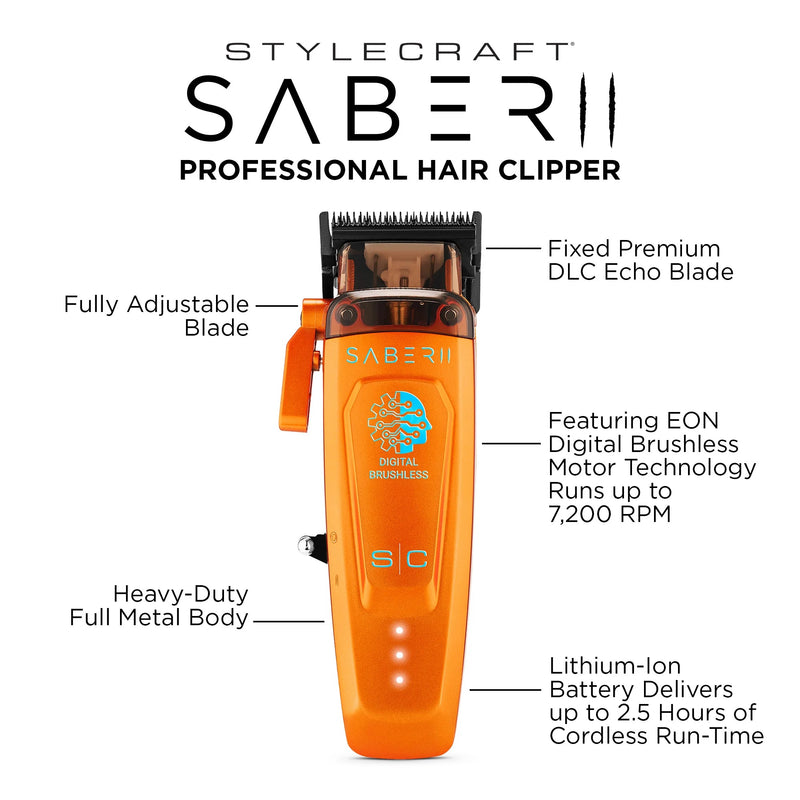 Stylecraft Pro SABER II Professional Metal Clipper - Orange #SC617O