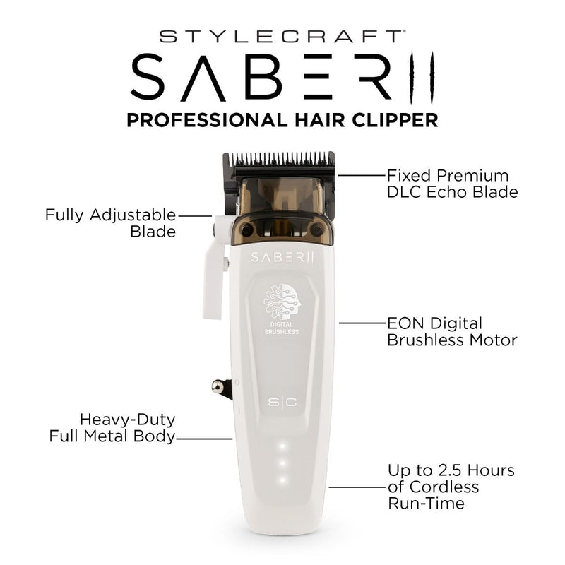 Stylecraft Pro SABER II Professional Metal Clipper - White #SC619W