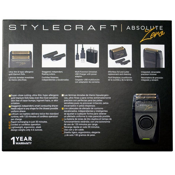 Stylecraft Absolute Zero Professional Mens Foil Shaver with Built-in Retractable Trimmer #SCAZF