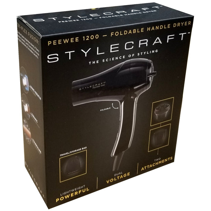 Stylecraft Peewee 1200 Folding Handle Dual Voltage Compact Travel Hair Dryer - Black #SCPW1200