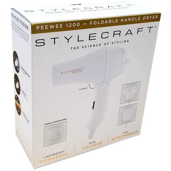 Stylecraft Peewee 1200 Folding Handle Dual Voltage Compact Travel Hair Dryer - White #SCPW1200W