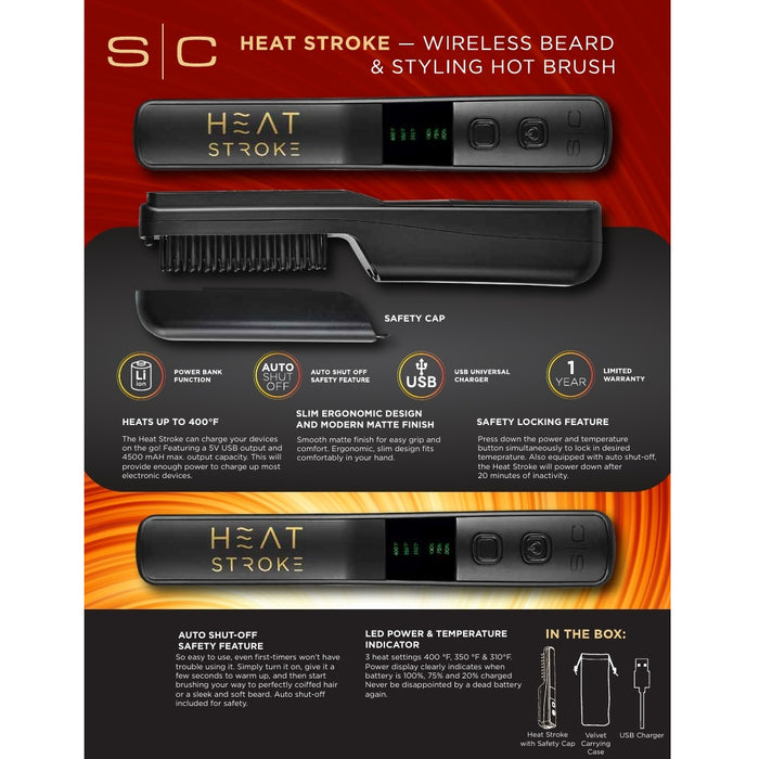 Stylecraft Heat Stroke Cordless Beard and Hair Styling Hot Brush Black with Cool Touch Tips #SCHSWBB