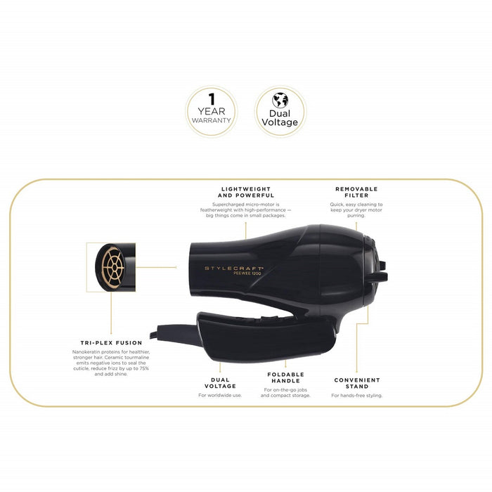 Stylecraft Peewee 1200 Folding Handle Dual Voltage Compact Travel Hair Dryer - Black #SCPW1200