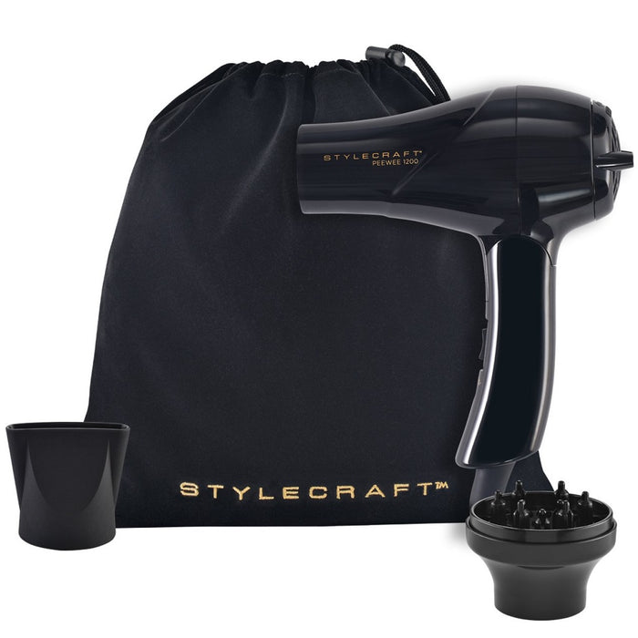 Stylecraft Peewee 1200 Folding Handle Dual Voltage Compact Travel Hair Dryer - Black #SCPW1200