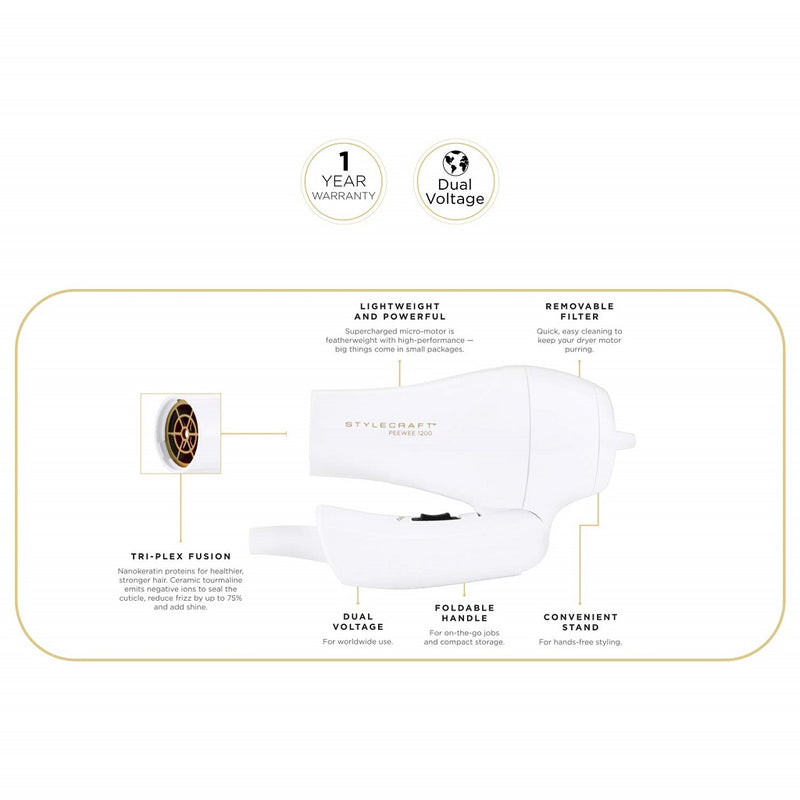 Stylecraft Peewee 1200 Folding Handle Dual Voltage Compact Travel Hair Dryer - White #SCPW1200W