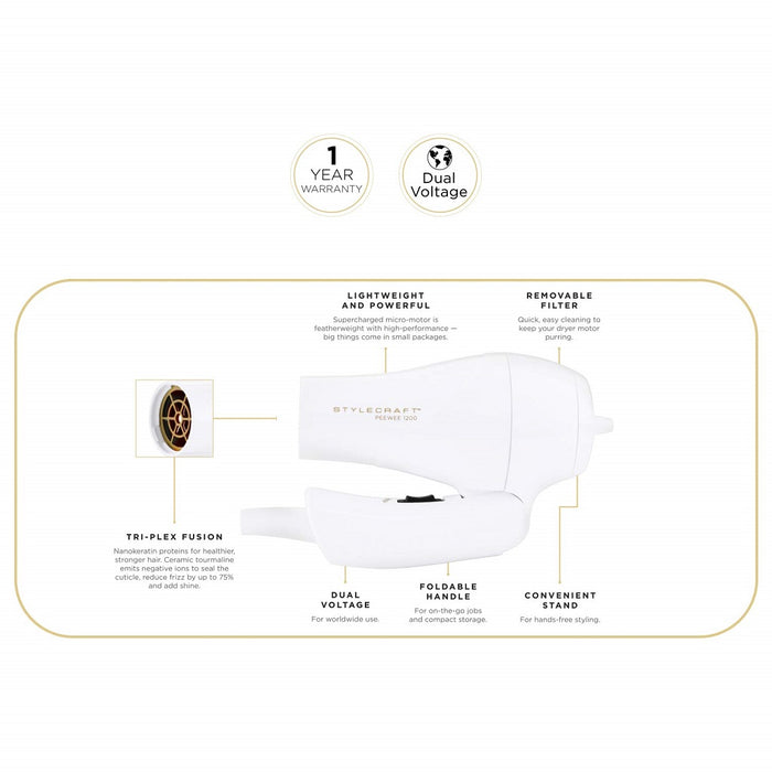 Stylecraft Peewee 1200 Folding Handle Dual Voltage Compact Travel Hair Dryer - White #SCPW1200W