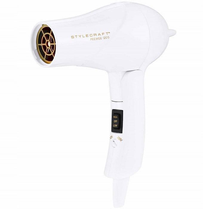 Stylecraft Peewee 1200 Folding Handle Dual Voltage Compact Travel Hair Dryer - White #SCPW1200W