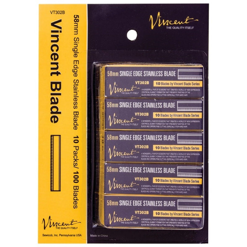 Vincent 58mm Single Edge Stainless 100 Blades #VT302B - 10 Blades x 10 Pack (Bulk)